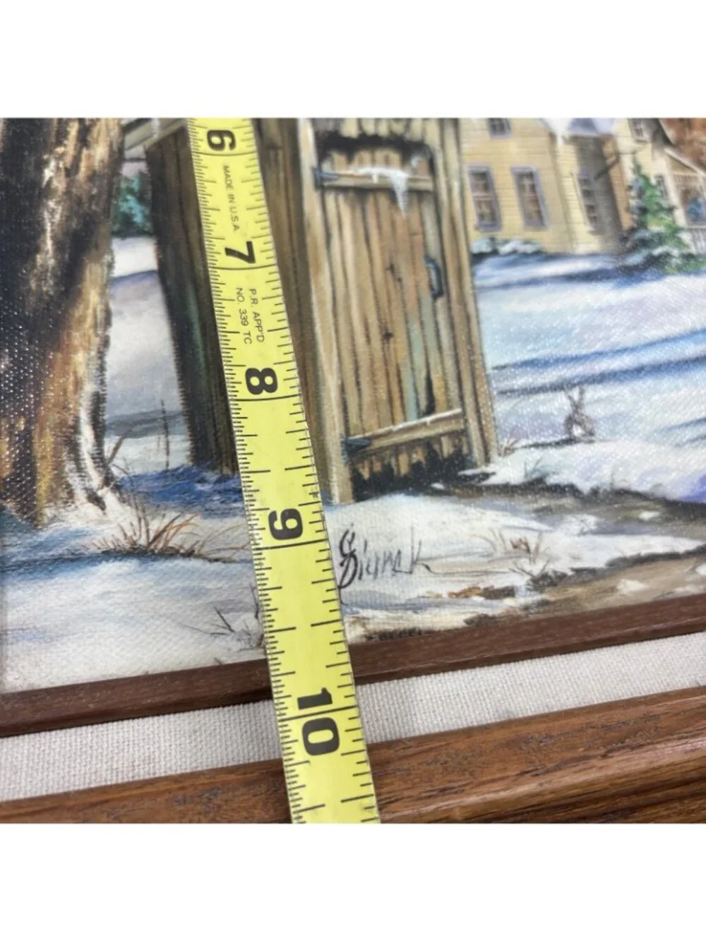 Framed Lithograph Painting Rustic Winter Scene Outhouse Farmhouse Cottagecore